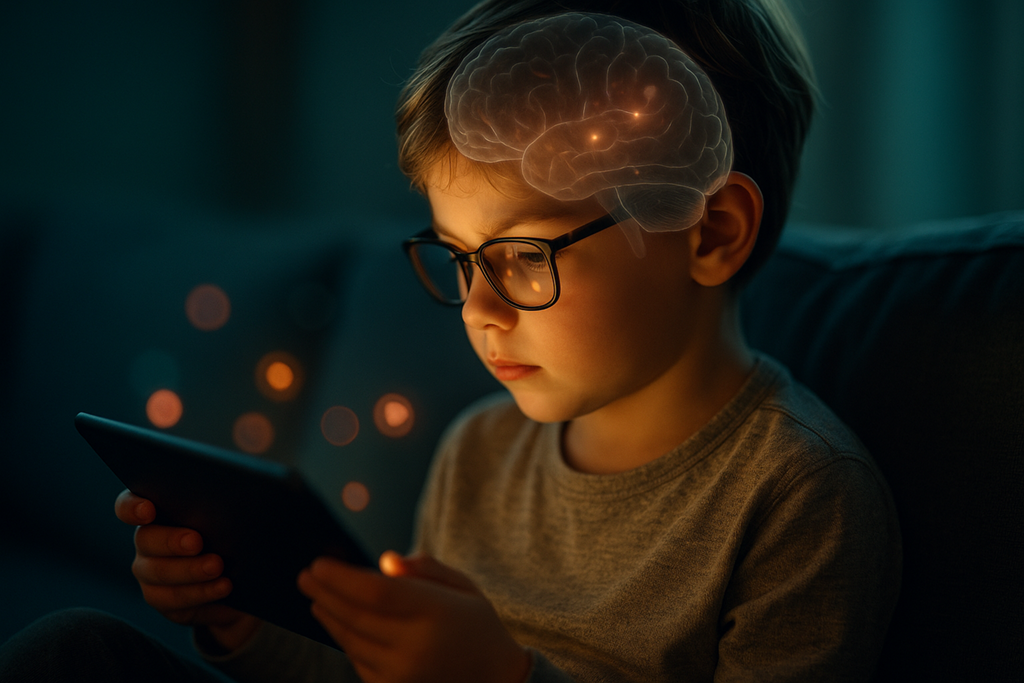 bambino con tablet e immagine 3D della dopamina con gli effetti sul cervello