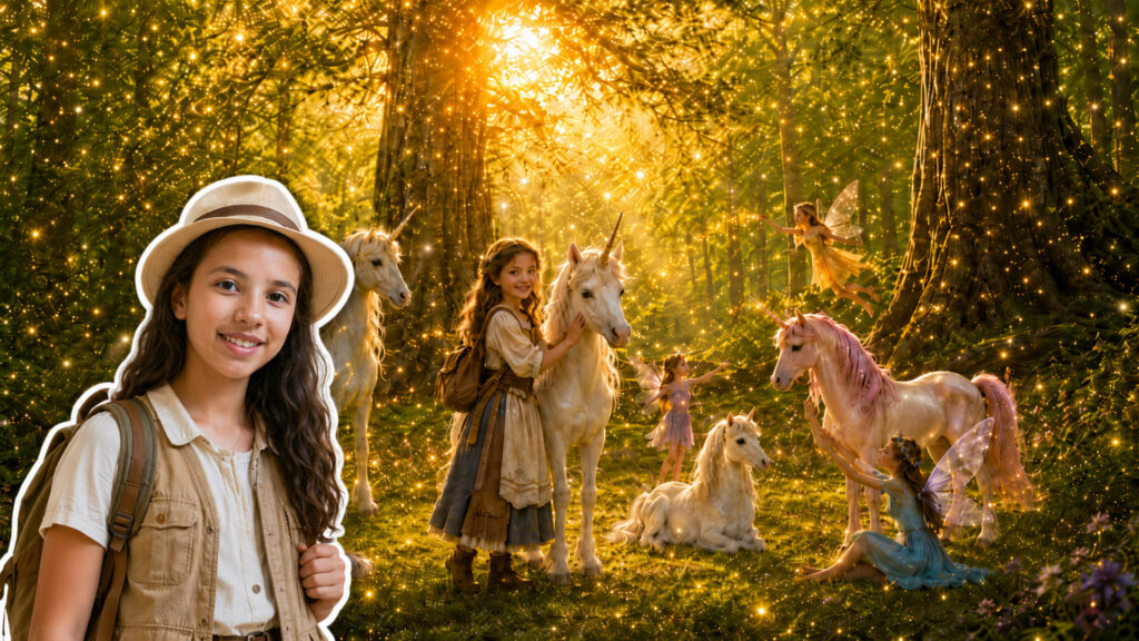 Bambina e tecnologia creativa: giovane esploratrice in stile sticker su uno sfondo fiabesco con unicorni e fate realizzato con l’intelligenza artificiale